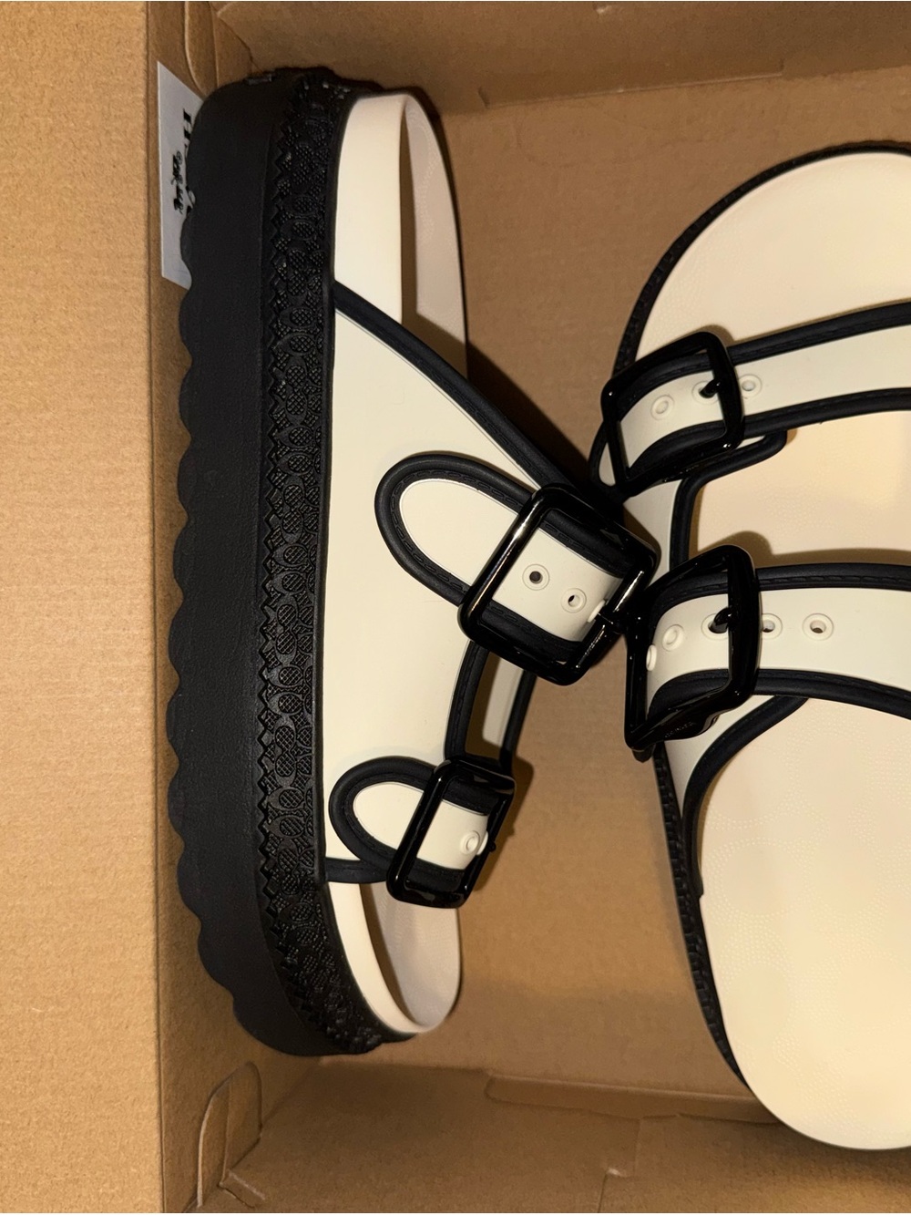 Coach Cream and Black Double Buckle Platform Sandals
